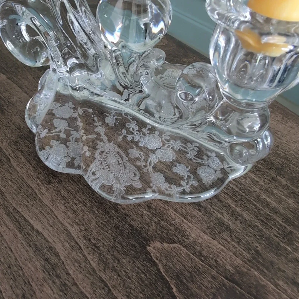 Vintage Cambridge Rose‎ Point Glass Candelabra Pair 3 Tier Etched Candlesticks
